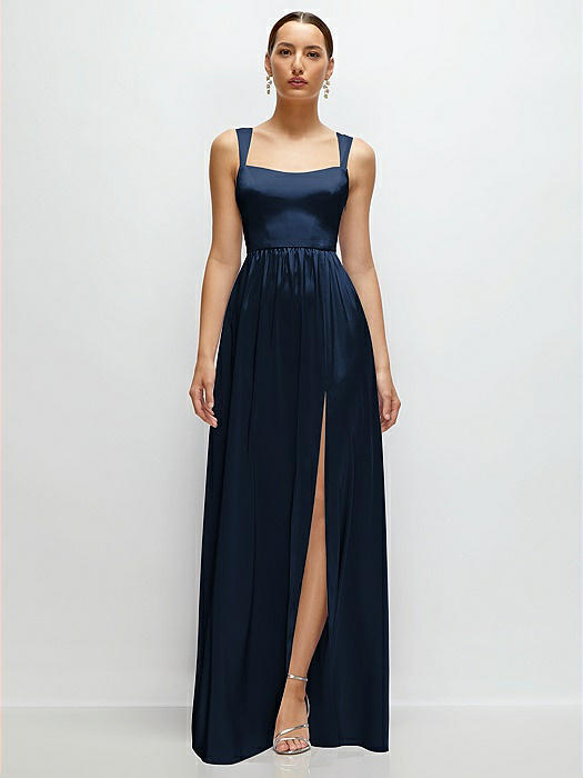 Shaped Strap Portrait Neckline Fluid Satin Maxi Dress with Full Skirt