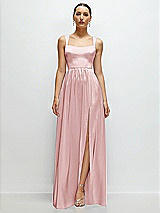 Front View Thumbnail - Ballet Pink Shaped Strap Portrait Neckline Fluid Satin Maxi Dress with Full Skirt