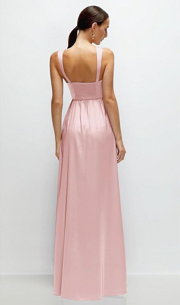 Back View - Ballet Pink Shaped Strap Portrait Neckline Fluid Satin Maxi Dress with Full Skirt