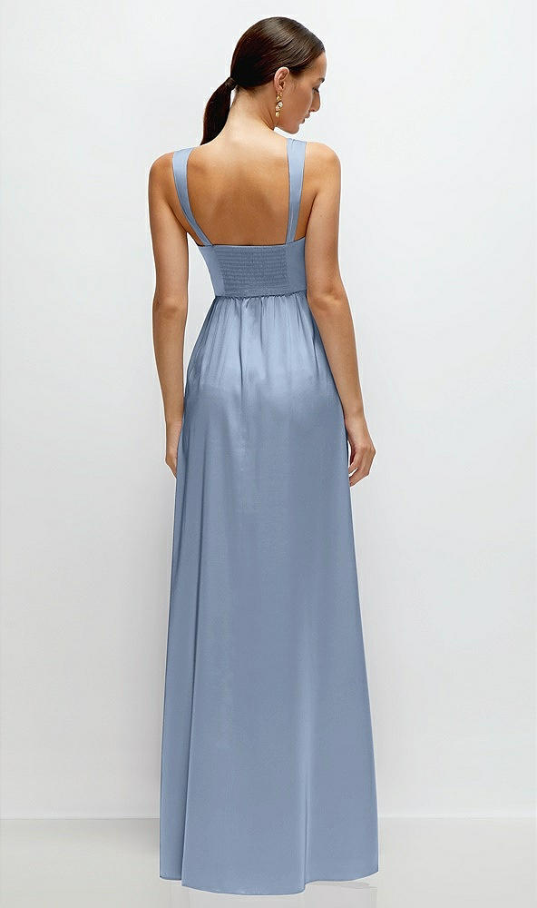 Back View - Cloudy Shaped Strap Portrait Neckline Fluid Satin Maxi Dress with Full Skirt