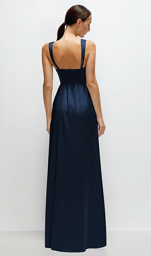 Back View - Midnight Navy Shaped Strap Portrait Neckline Fluid Satin Maxi Dress with Full Skirt