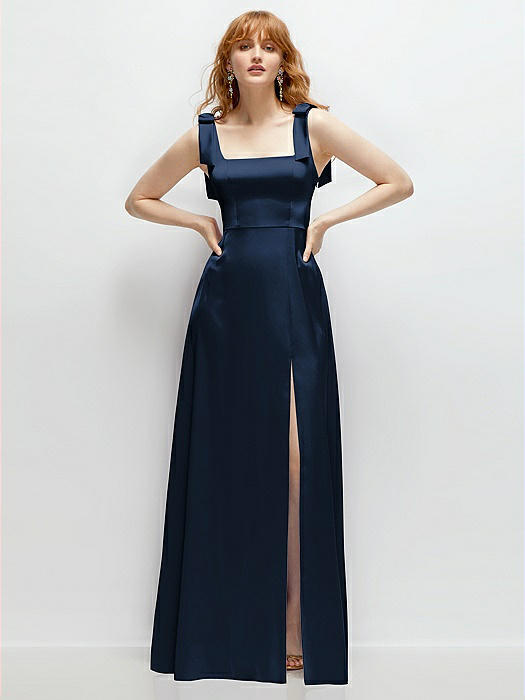 Square Neck Fluid Satin Maxi Dress with Bow Straps 