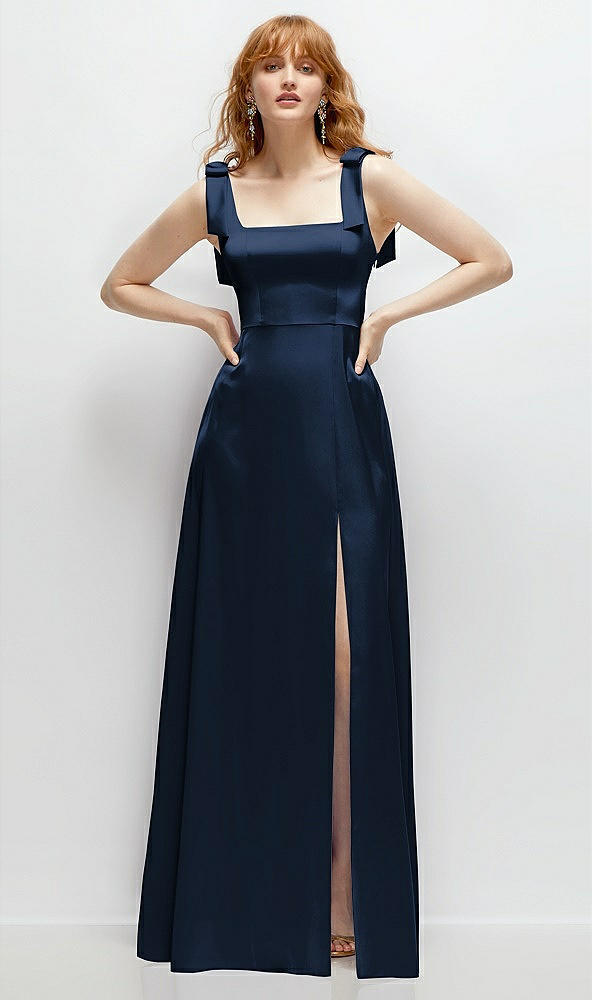 Front View - Midnight Navy Square Neck Fluid Satin Maxi Dress with Bow Straps 