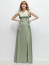 Front View Thumbnail - Sage Square Neck Fluid Satin Maxi Dress with Bow Straps 