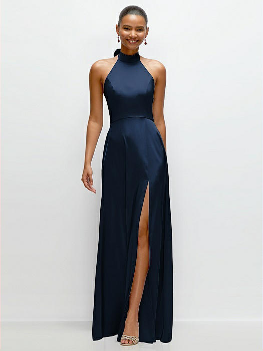 Band Collar Halter Open Back Fluid Satin Maxi Dress with Self-Tie Bow