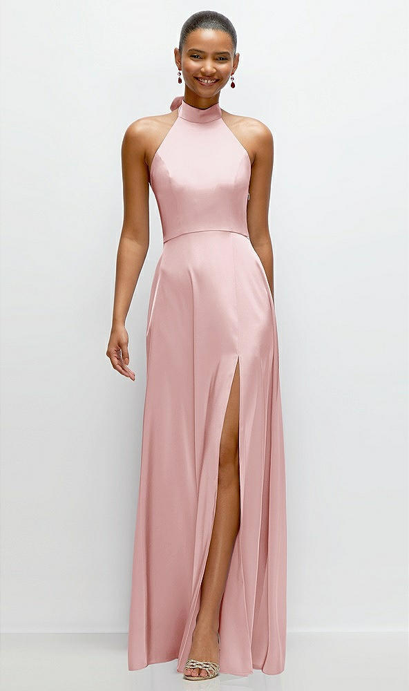 Front View - Ballet Pink Band Collar Halter Open Back Fluid Satin Maxi Dress with Self-Tie Bow