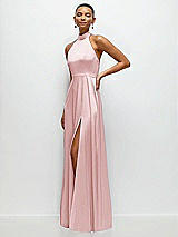 Side View Thumbnail - Ballet Pink Band Collar Halter Open Back Fluid Satin Maxi Dress with Self-Tie Bow