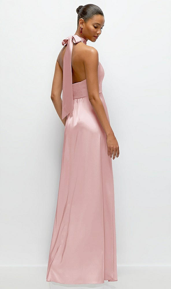 Back View - Ballet Pink Band Collar Halter Open Back Fluid Satin Maxi Dress with Self-Tie Bow