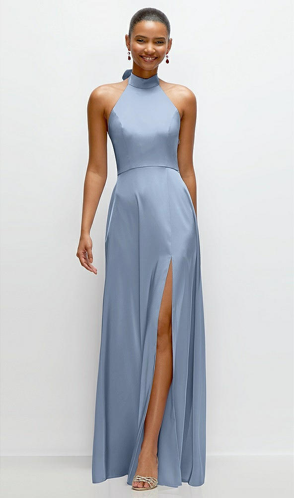 Front View - Cloudy Band Collar Halter Open Back Fluid Satin Maxi Dress with Self-Tie Bow