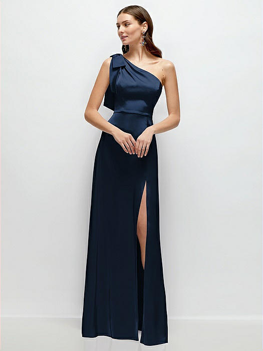 Bow One-Shoulder Fluid Satin Maxi Dress with Full Skirt