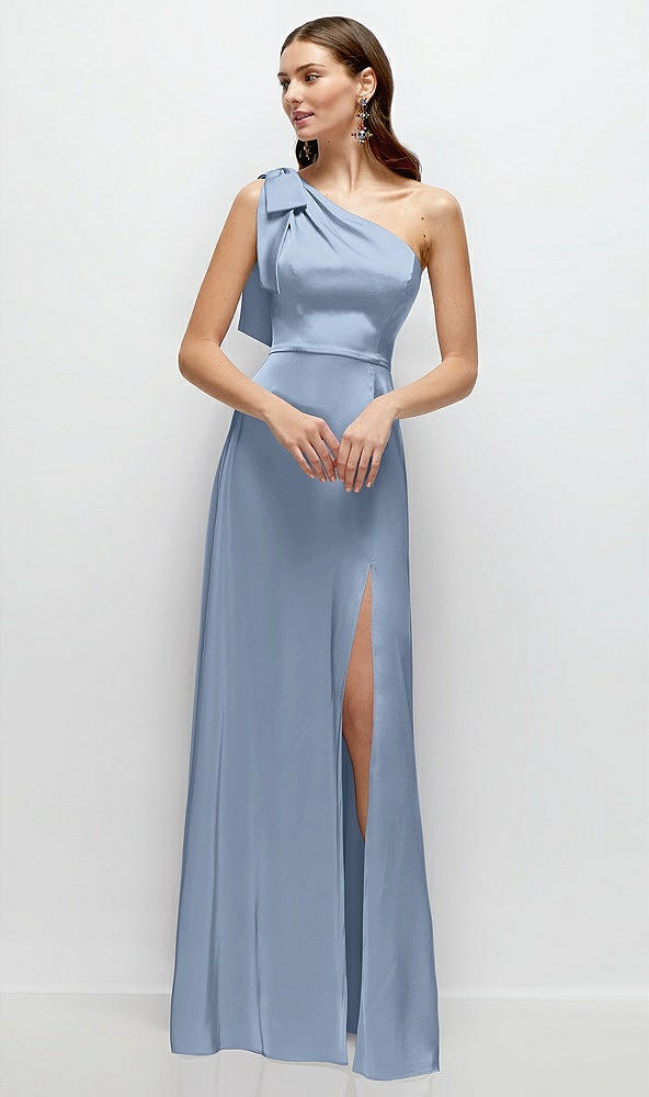 Front View - Cloudy Bow One-Shoulder Fluid Satin Maxi Dress with Full Skirt