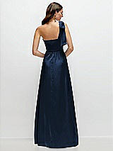 Rear View Thumbnail - Midnight Navy Bow One-Shoulder Fluid Satin Maxi Dress with Full Skirt