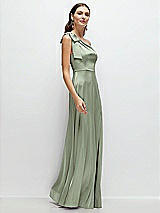 Side View Thumbnail - Sage Bow One-Shoulder Fluid Satin Maxi Dress with Full Skirt