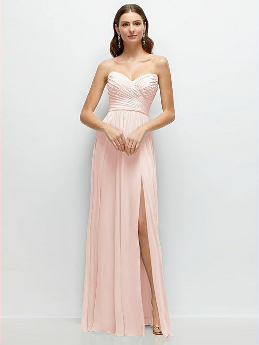 Strapless Pleated Surplice Chiffon Maxi Dress with A-Line Skirt