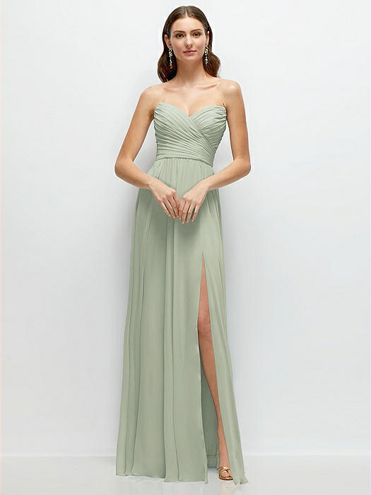 Strapless Pleated Surplice Chiffon Maxi Dress with A-Line Skirt