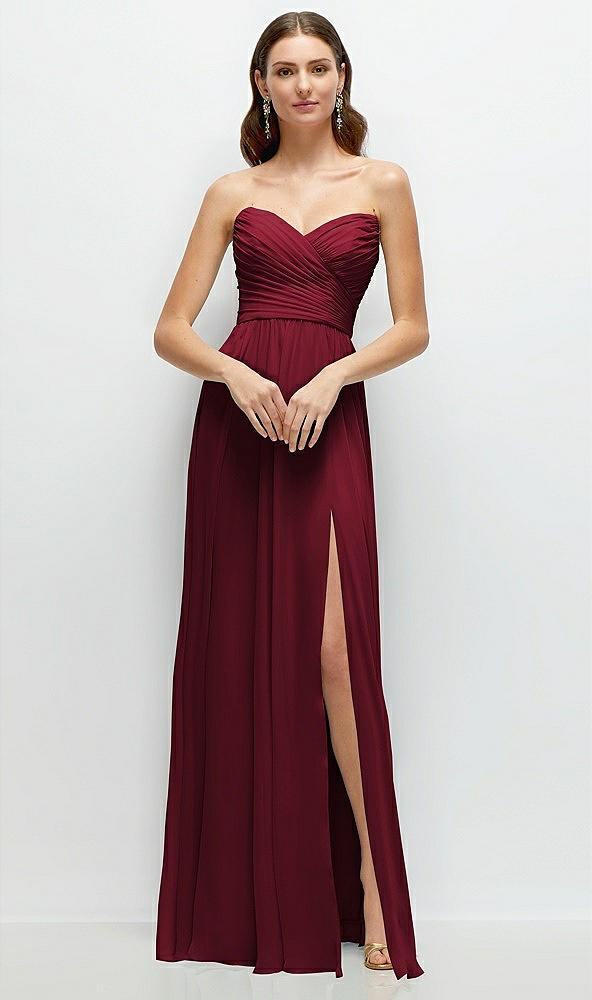 Front View - Burgundy Strapless Pleated Surplice Chiffon Maxi Dress with A-Line Skirt