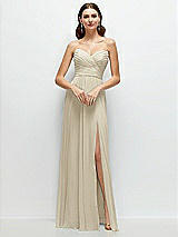 Front View Thumbnail - Champagne Strapless Pleated Surplice Chiffon Maxi Dress with A-Line Skirt