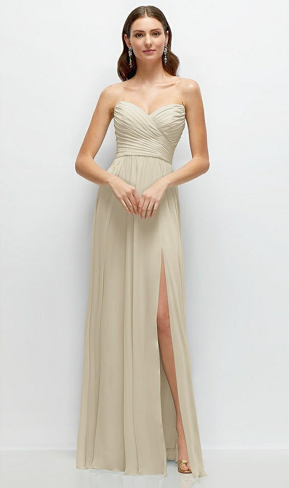 Front View - Champagne Strapless Pleated Surplice Chiffon Maxi Dress with A-Line Skirt