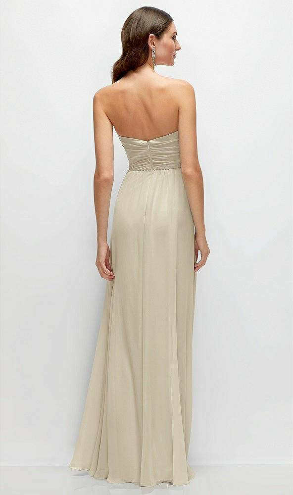 Back View - Champagne Strapless Pleated Surplice Chiffon Maxi Dress with A-Line Skirt