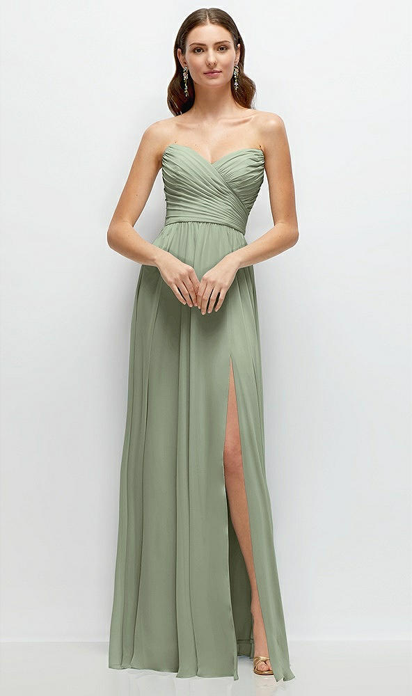 Front View - Sage Strapless Pleated Surplice Chiffon Maxi Dress with A-Line Skirt