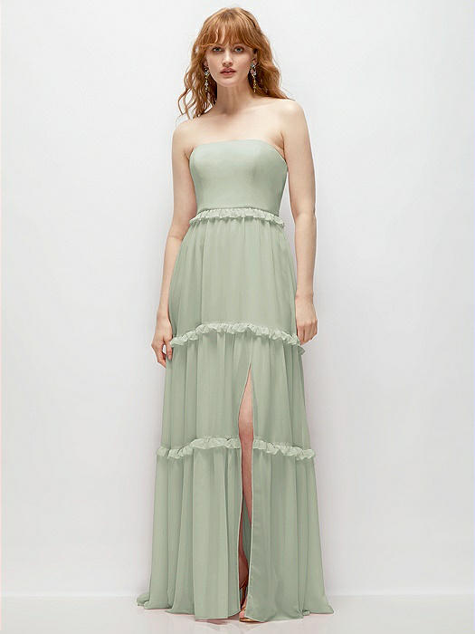 Strapless Chiffon Maxi Dress with Tiered Micro Ruffle Full Skirt