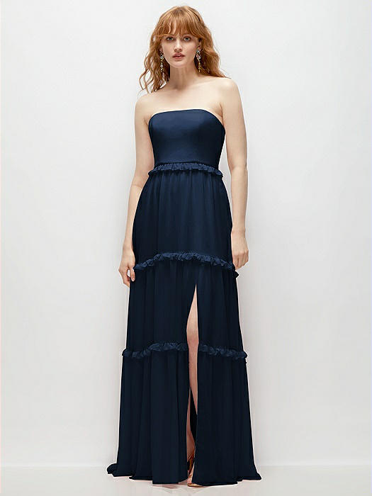 Strapless Chiffon Maxi Dress with Tiered Micro Ruffle Full Skirt