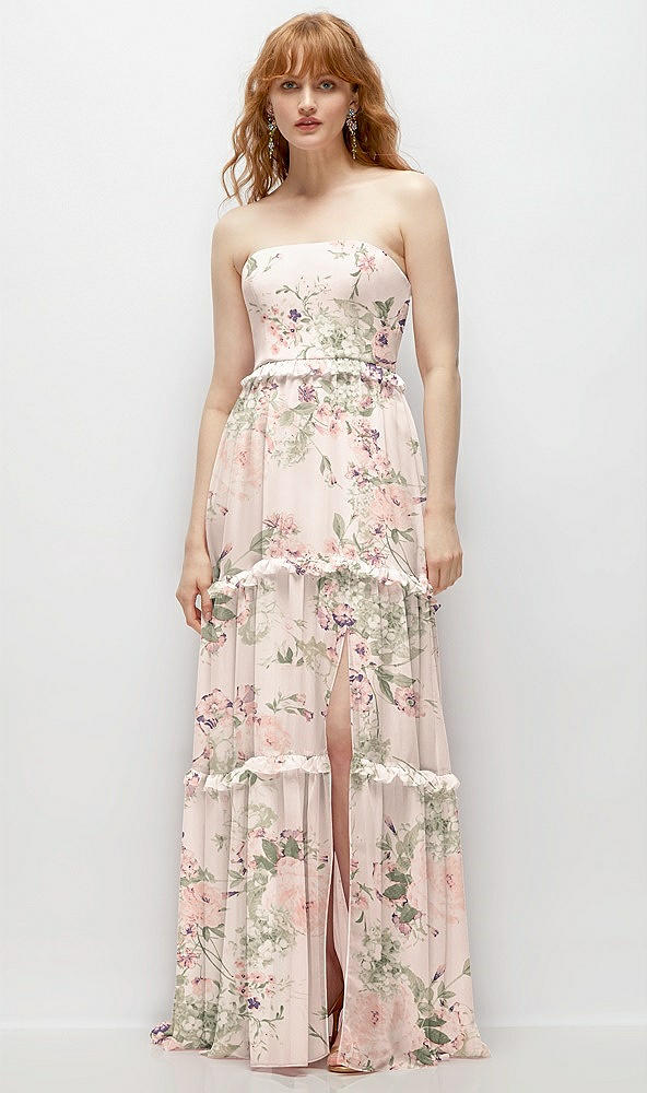 Front View - Blush Garden Strapless Chiffon Maxi Dress with Tiered Micro Ruffle Full Skirt