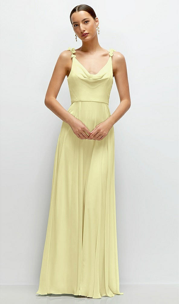 Front View - Butter Yellow Cowl Neck Chiffon Maxi Dress with Hand-Worked Petal Straps