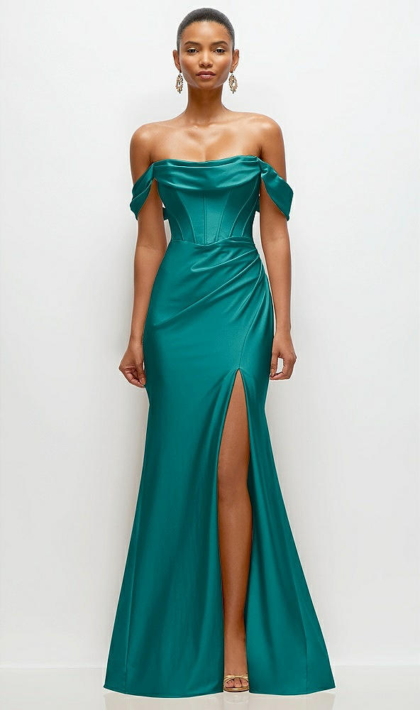 Front View - Peacock Teal Cowl Neck Off-the-Shoulder Stretch Satin Fit and Flare Corset Maxi Dress