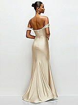 Rear View Thumbnail - Champagne Cowl Neck Off-the-Shoulder Stretch Satin Fit and Flare Corset Maxi Dress