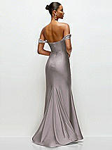 Rear View Thumbnail - Cashmere Gray Cowl Neck Off-the-Shoulder Stretch Satin Fit and Flare Corset Maxi Dress