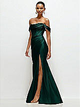 Side View Thumbnail - Evergreen Cowl Neck Off-the-Shoulder Stretch Satin Fit and Flare Corset Maxi Dress