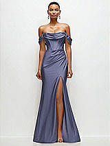 Front View Thumbnail - French Blue Cowl Neck Off-the-Shoulder Stretch Satin Fit and Flare Corset Maxi Dress