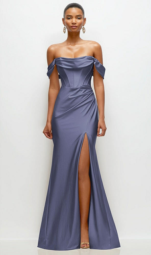 Front View - French Blue Cowl Neck Off-the-Shoulder Stretch Satin Fit and Flare Corset Maxi Dress