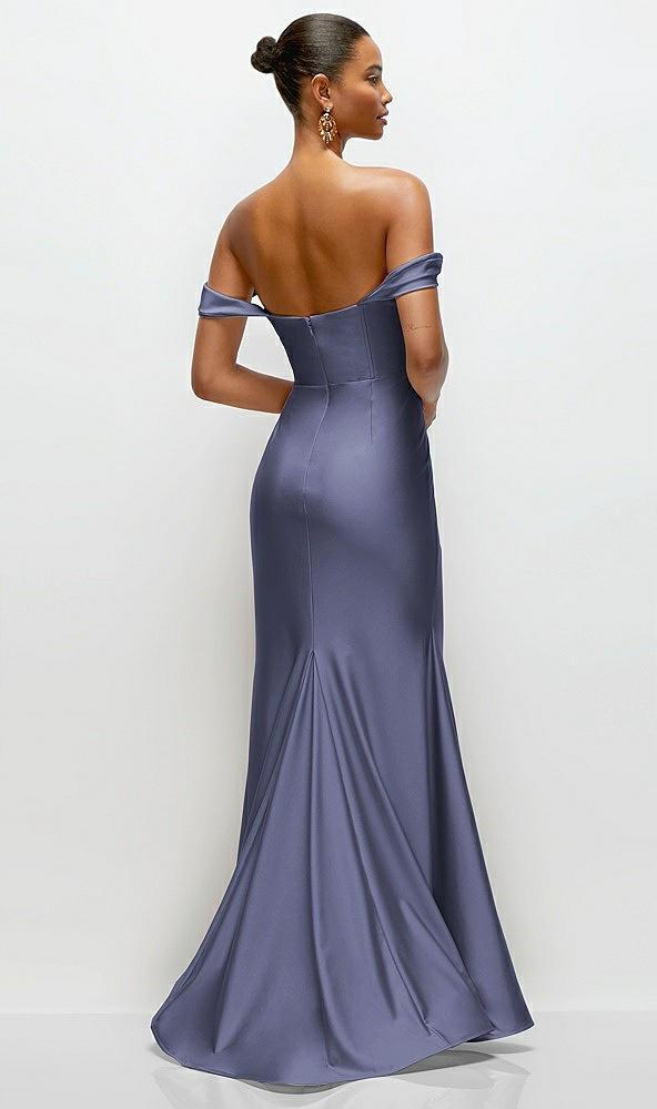 Back View - French Blue Cowl Neck Off-the-Shoulder Stretch Satin Fit and Flare Corset Maxi Dress