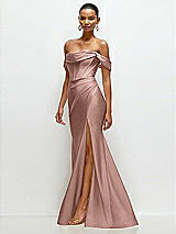 Side View Thumbnail - Neu Nude Cowl Neck Off-the-Shoulder Stretch Satin Fit and Flare Corset Maxi Dress