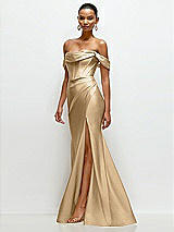 Side View Thumbnail - Soft Gold Cowl Neck Off-the-Shoulder Stretch Satin Fit and Flare Corset Maxi Dress