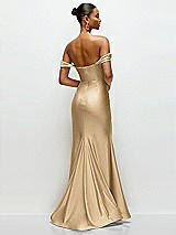 Rear View Thumbnail - Soft Gold Cowl Neck Off-the-Shoulder Stretch Satin Fit and Flare Corset Maxi Dress