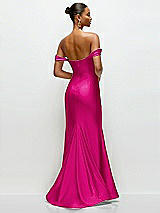 Rear View Thumbnail - Think Pink Cowl Neck Off-the-Shoulder Stretch Satin Fit and Flare Corset Maxi Dress