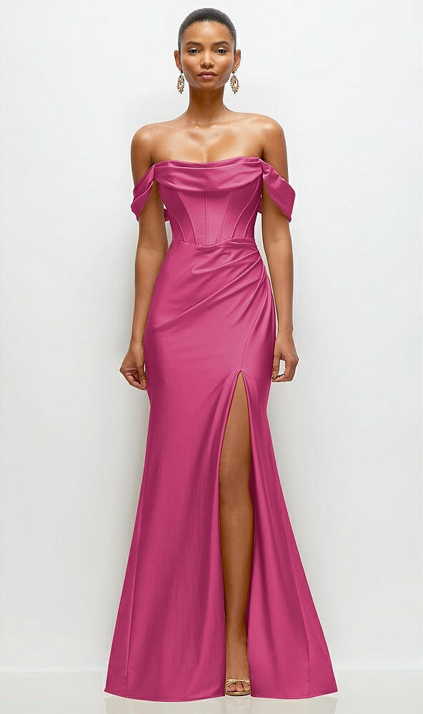 Front View - Tea Rose Cowl Neck Off-the-Shoulder Stretch Satin Fit and Flare Corset Maxi Dress