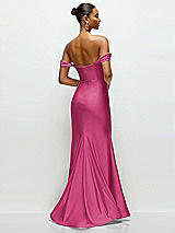 Rear View Thumbnail - Tea Rose Cowl Neck Off-the-Shoulder Stretch Satin Fit and Flare Corset Maxi Dress