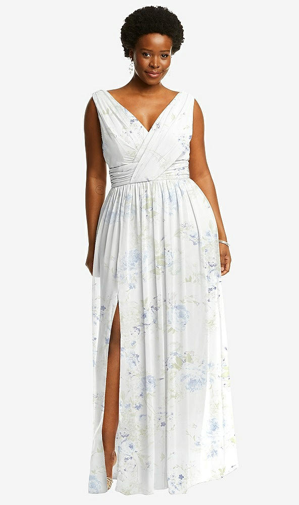 Front View - Bleu Garden Sleeveless Draped Chiffon Maxi Dress with Front Slit