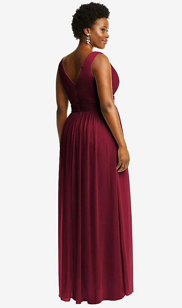 Back View - Burgundy Sleeveless Draped Chiffon Maxi Dress with Front Slit