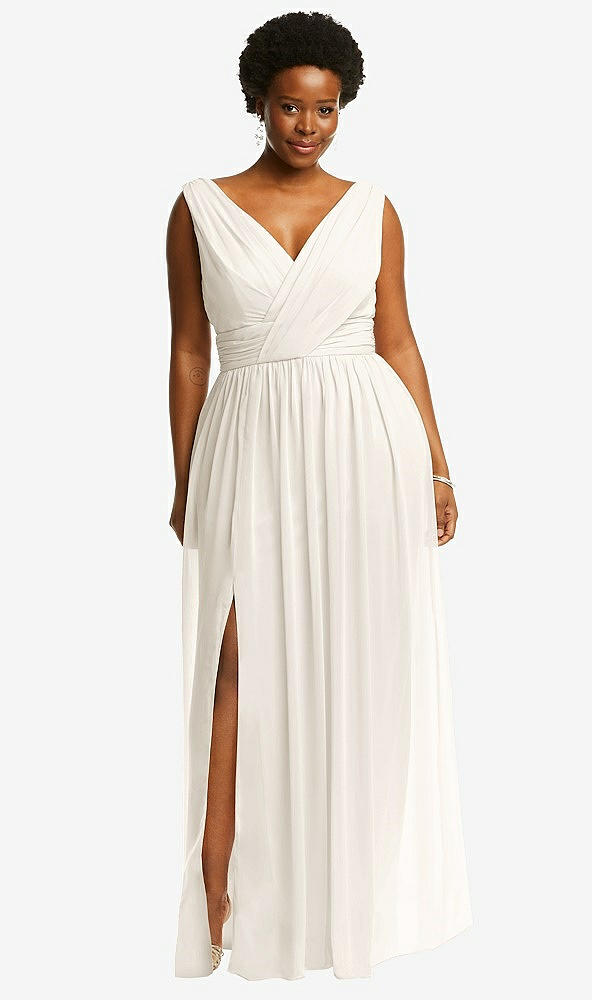 Front View - Ivory Sleeveless Draped Chiffon Maxi Dress with Front Slit