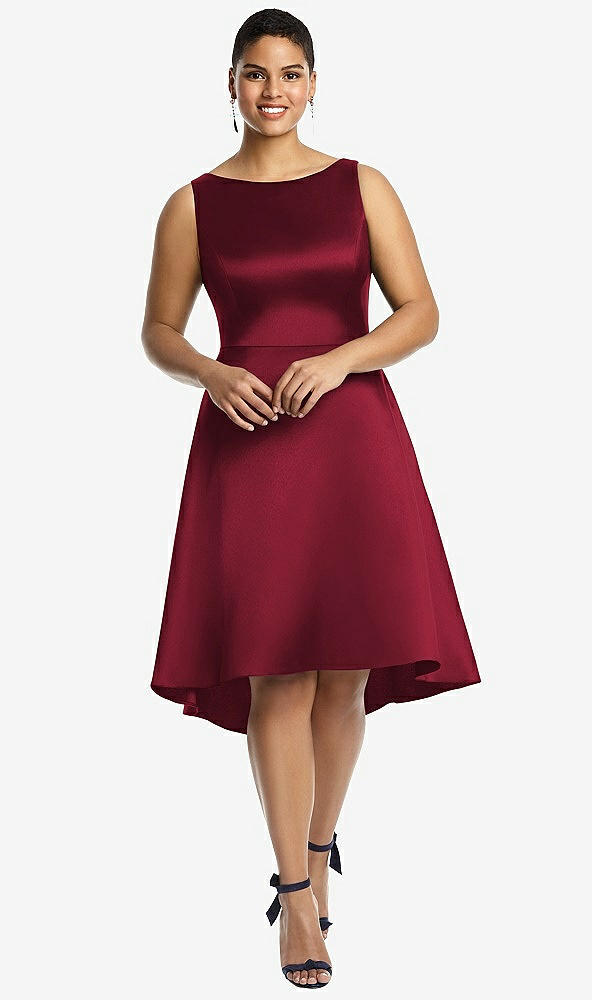 Front View - Burgundy Bateau Neck Satin High Low Cocktail Dress