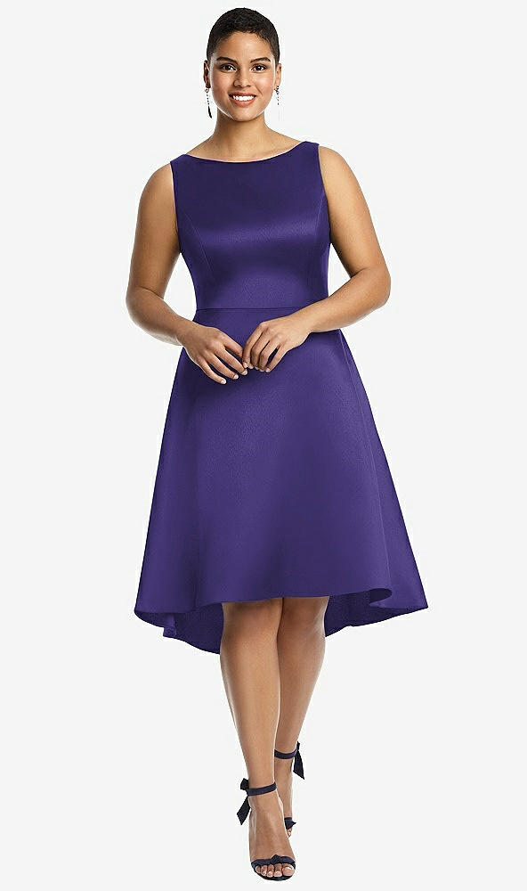 Front View - Grape Bateau Neck Satin High Low Cocktail Dress