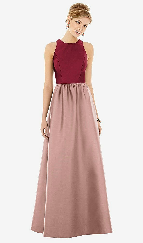 Front View - Neu Nude & Burgundy Sleeveless Keyhole Back Satin Maxi Dress