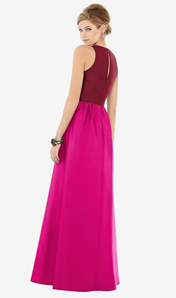 Back View - Think Pink & Burgundy Sleeveless Keyhole Back Satin Maxi Dress