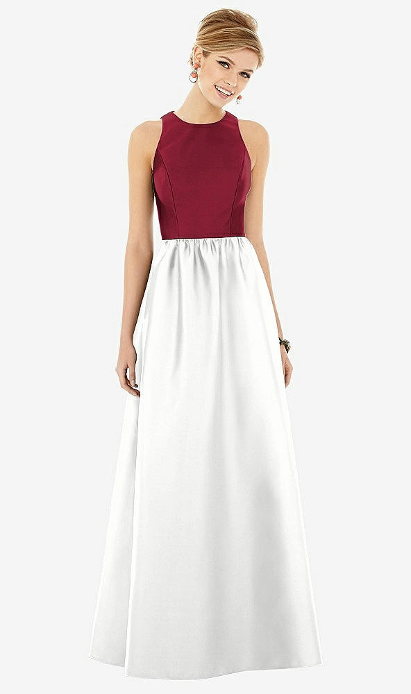 Front View - White & Burgundy Sleeveless Keyhole Back Satin Maxi Dress