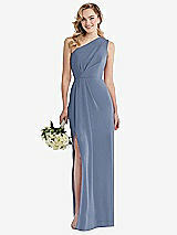 Front View Thumbnail - Larkspur Blue One-Shoulder Draped Bodice Column Gown